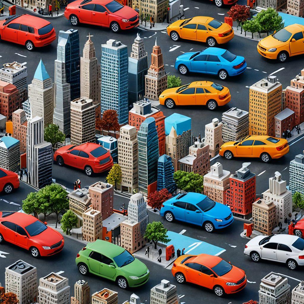 A collage illustrating various types of insurance, such as health, car, and home policies, set against a backdrop of a city skyline, depicting diverse individuals contemplating their choices. Include visual elements like a compass and a checklist for risk management, symbolizing guidance in decision-making. Use vibrant colors to convey a sense of security and optimism. super-realistic. 3D. vibrant colors.