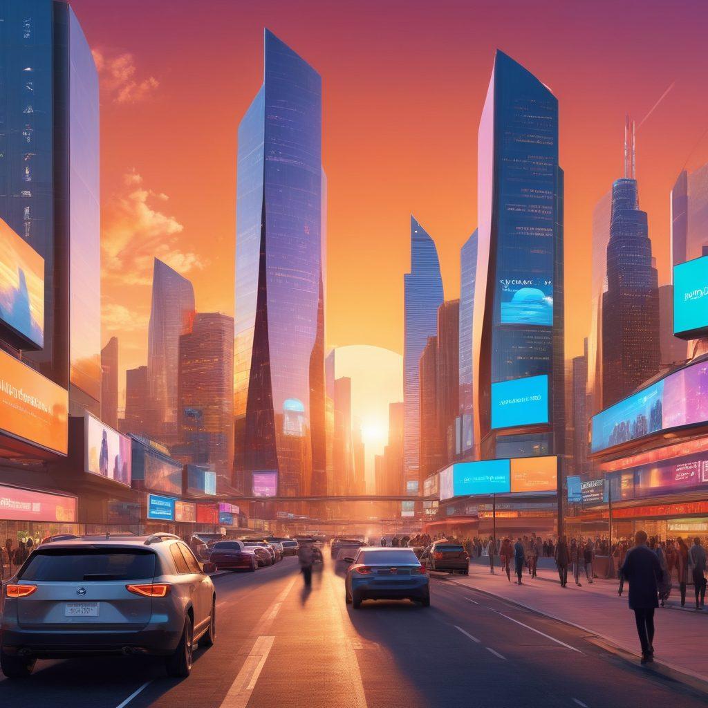 A futuristic city skyline under a glowing sunset, with diverse people consulting with friendly insurance agents amid a backdrop of digital billboards showcasing various insurance policies. Stacks of documents representing comprehensive insurance coverage float around, symbolizing strategies for secure futures. Incorporate technological elements, like holograms and interactive screens, to signify innovation. super-realistic. vibrant colors. 3D.