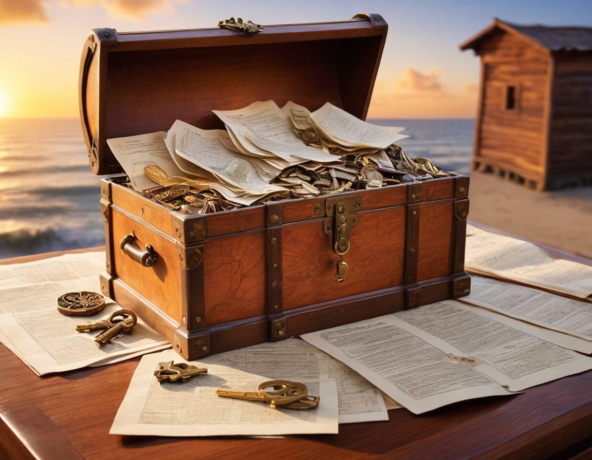 An open treasure chest overflowing with documents, symbols of various insurance policies, surrounded by keys representing essential strategies. Soft light illuminating the secrets within, with a backdrop of a beautiful sunrise symbolizing new opportunities. Intricate details on keys and ancient maps. super-realistic. vibrant colors.
